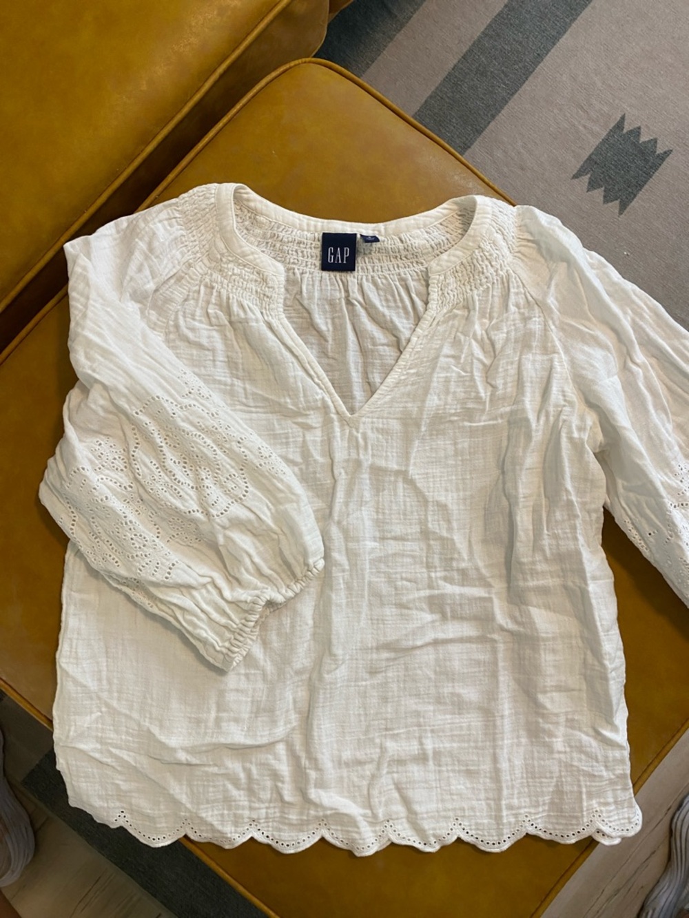 GAP White Eyelet Peasant Top with Smocked Neck
